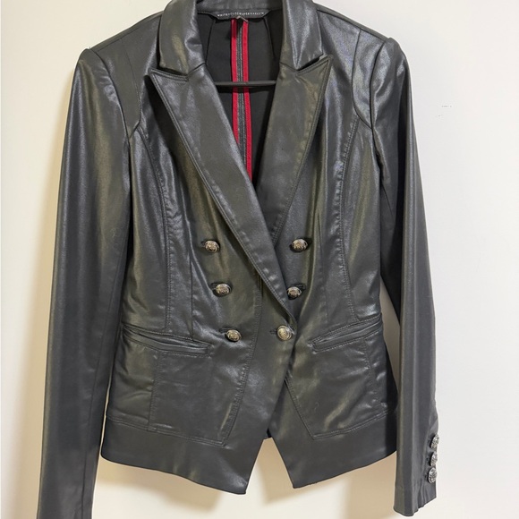 Women's Double-Breasted Coated Black Denim Jacket - looks like leather - Picture 5 of 16